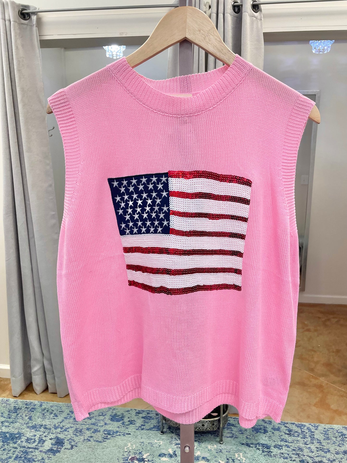 Pink American Flag Sequin Knit Top