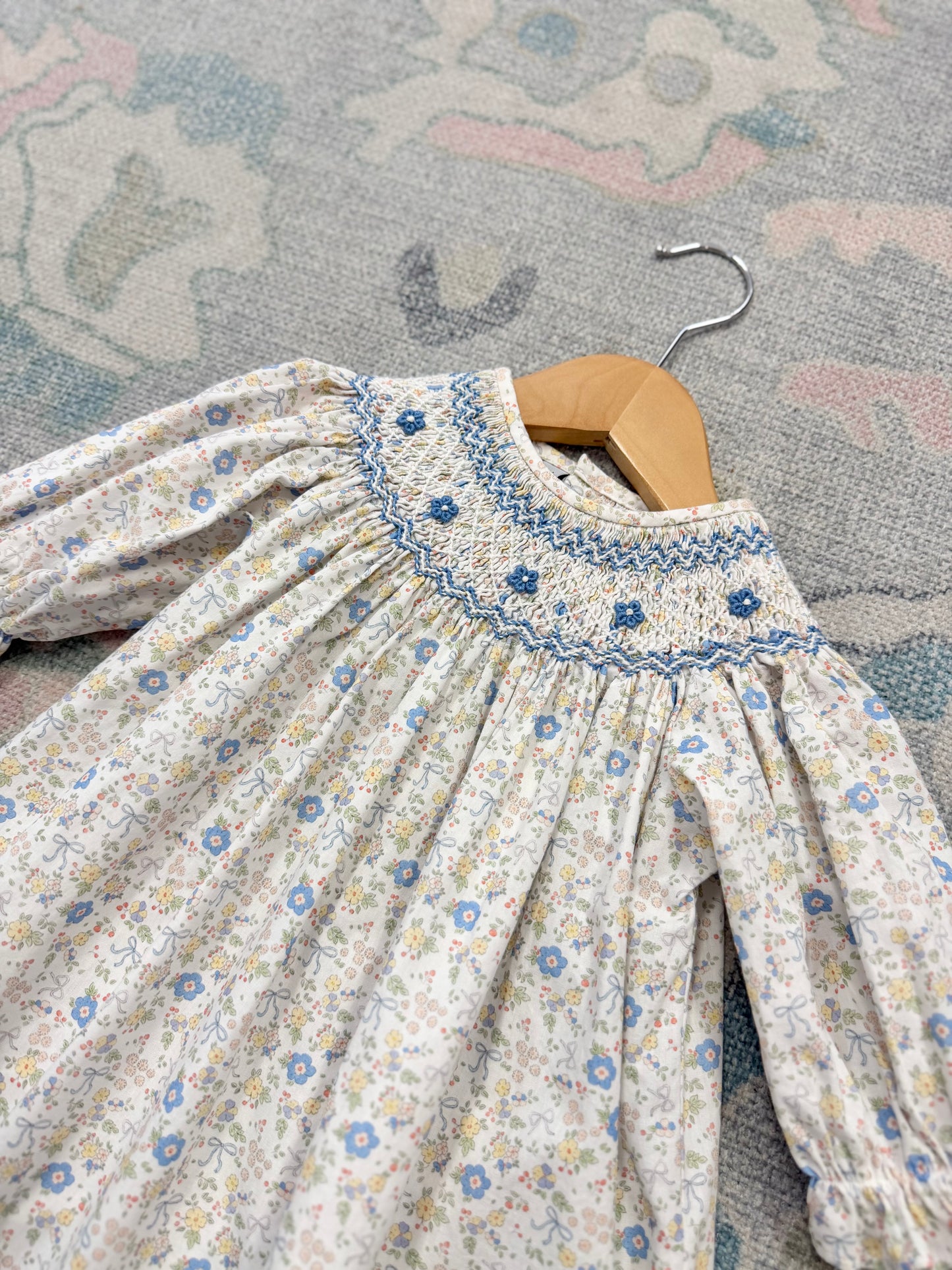 Ashley Blue/Yellow Bow Floral Print Smocked Dress