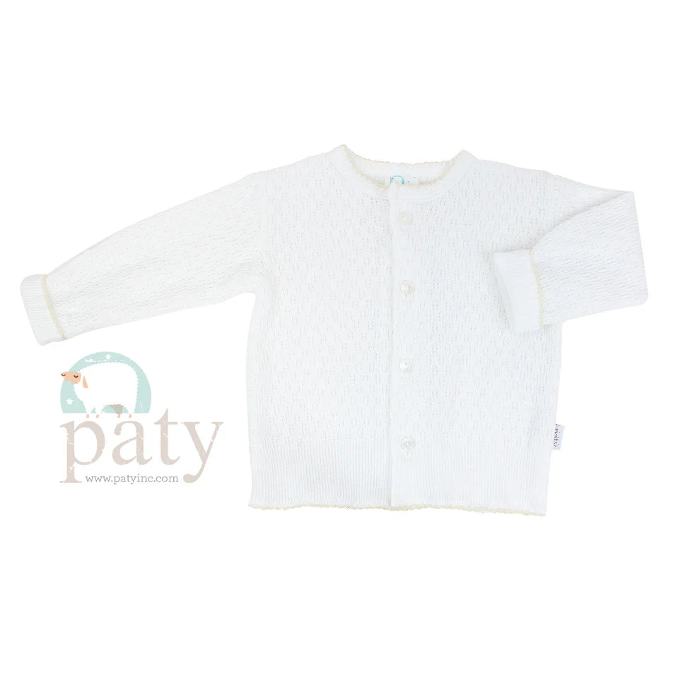 Paty White Knit Button Up Cardigan With Ivory Trim