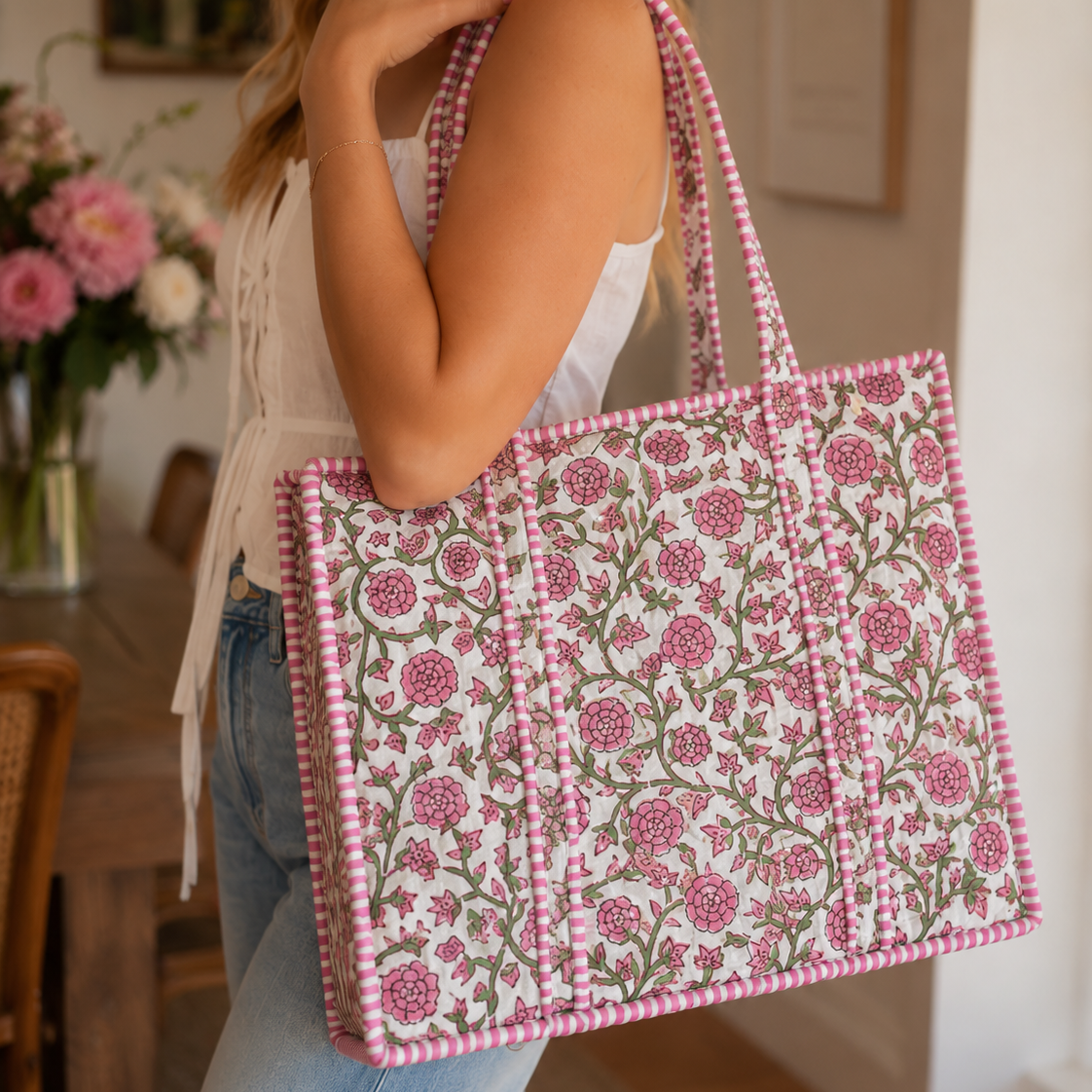 Light Pink Floral Quilted Tote