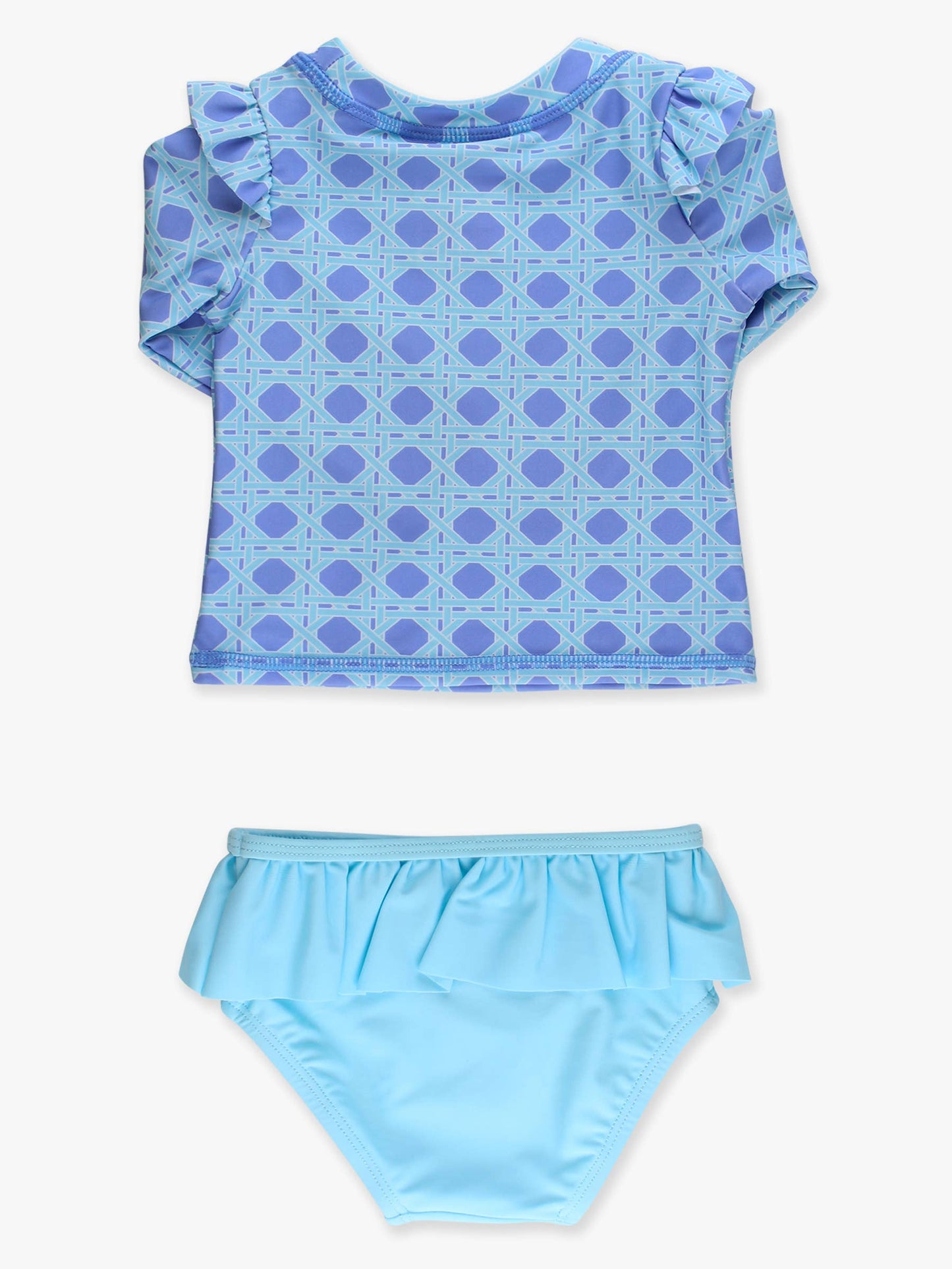 Girls Periwinkle Blue Coastal Cane Flutter Long Sleeve Rash Guard Skirted 2-Piece Swimsuit