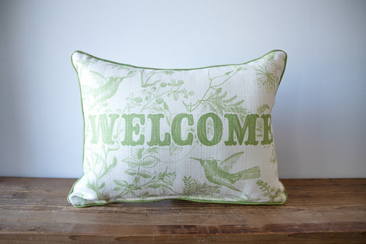 Welcome Sage Hummingbird Toile Pillow
