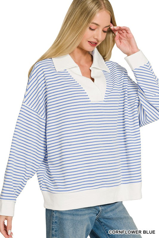 Cornflower Blue Striped Split Neck Collared Top