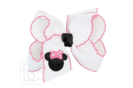 4.5" Embroidered Character-Inspired Mouse Crochet Edge Hair Bow: White w/ Hot Pink Edge