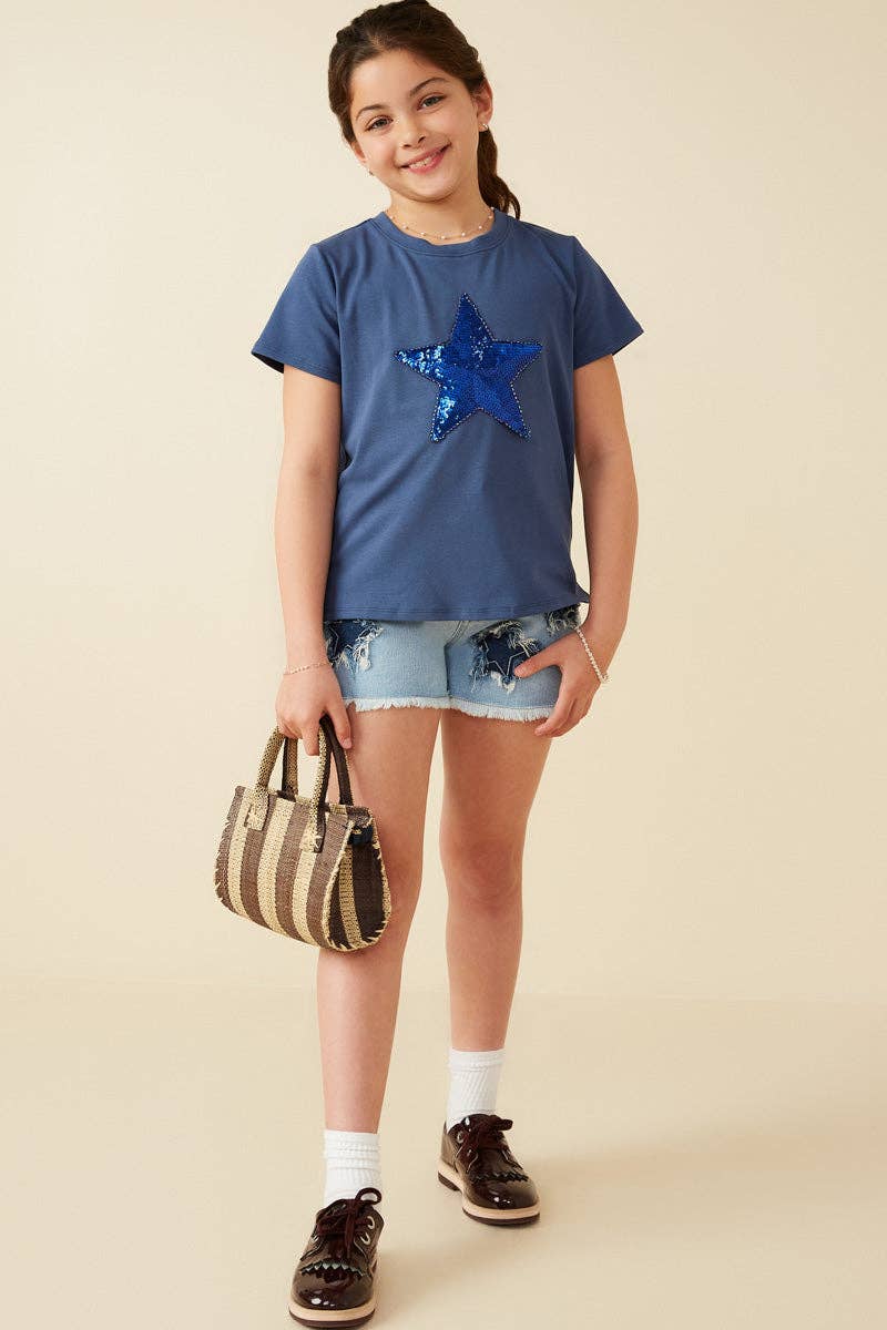Girls Navy Sequin Star Patch Knit T Shirt
