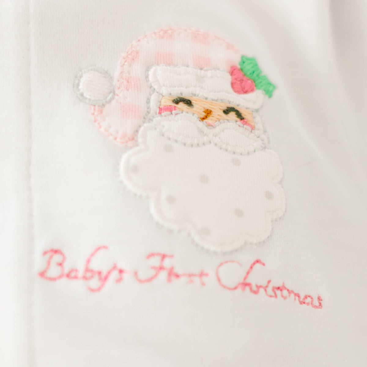 Pink Sweet St. Nick Applique Baby's First Christmas Ruffle Footie