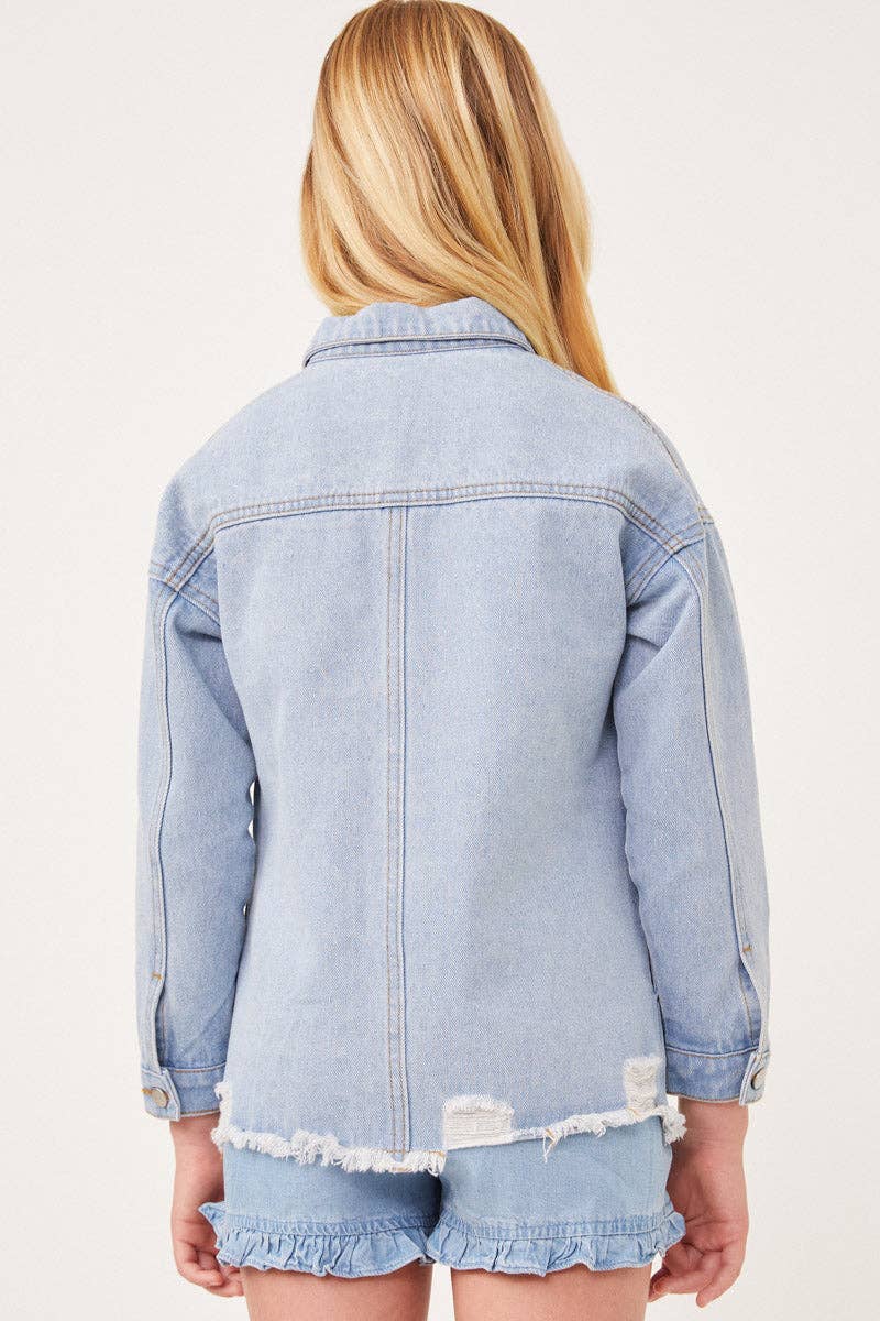 Girls Distressed Oversized Denim Shirt
