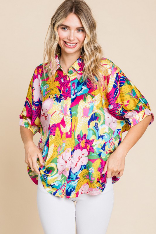 Tropical Paradise Satin Button Up Top