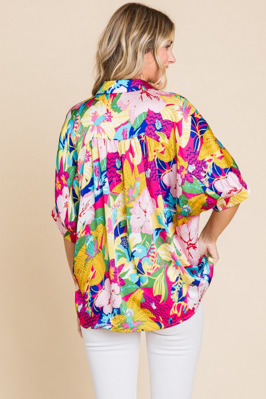 Tropical Paradise Satin Button Up Top