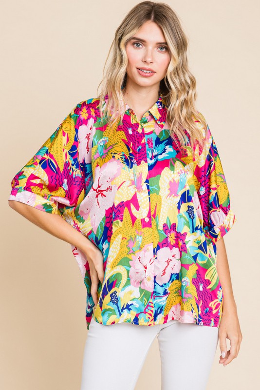 Tropical Paradise Satin Button Up Top