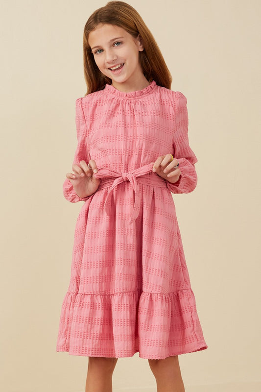 Pink Belted Long Sleeve Dress