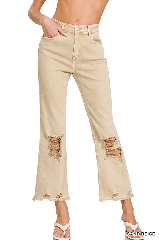 Draw The Line Beige Distressed Straight Leg Jeans