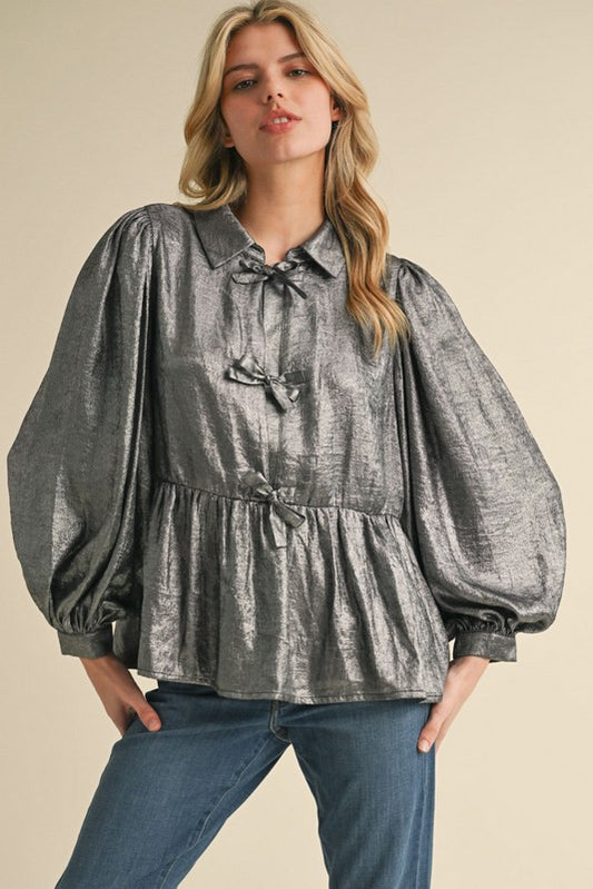 Draw Your Attention Gunmetal Metallic Bow Detail Top