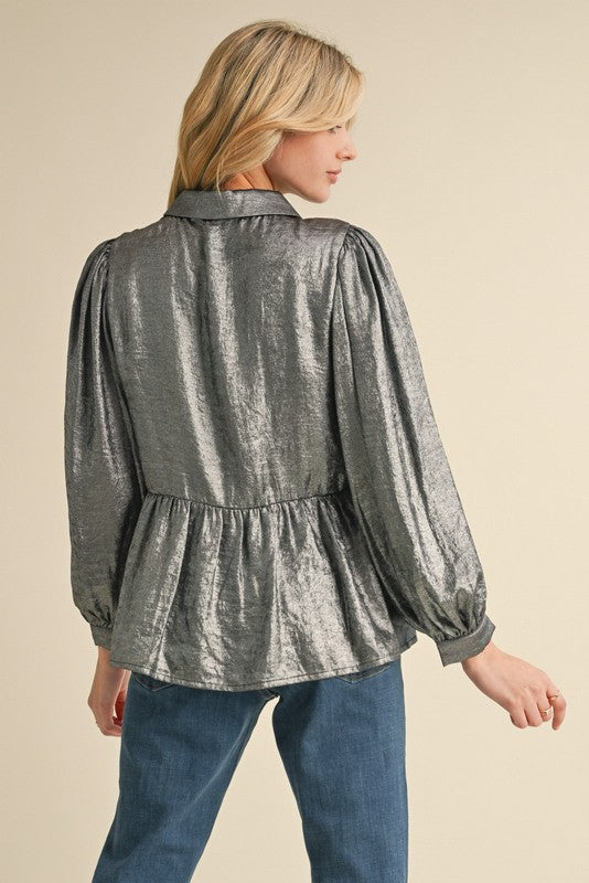 Draw Your Attention Gunmetal Metallic Bow Detail Top