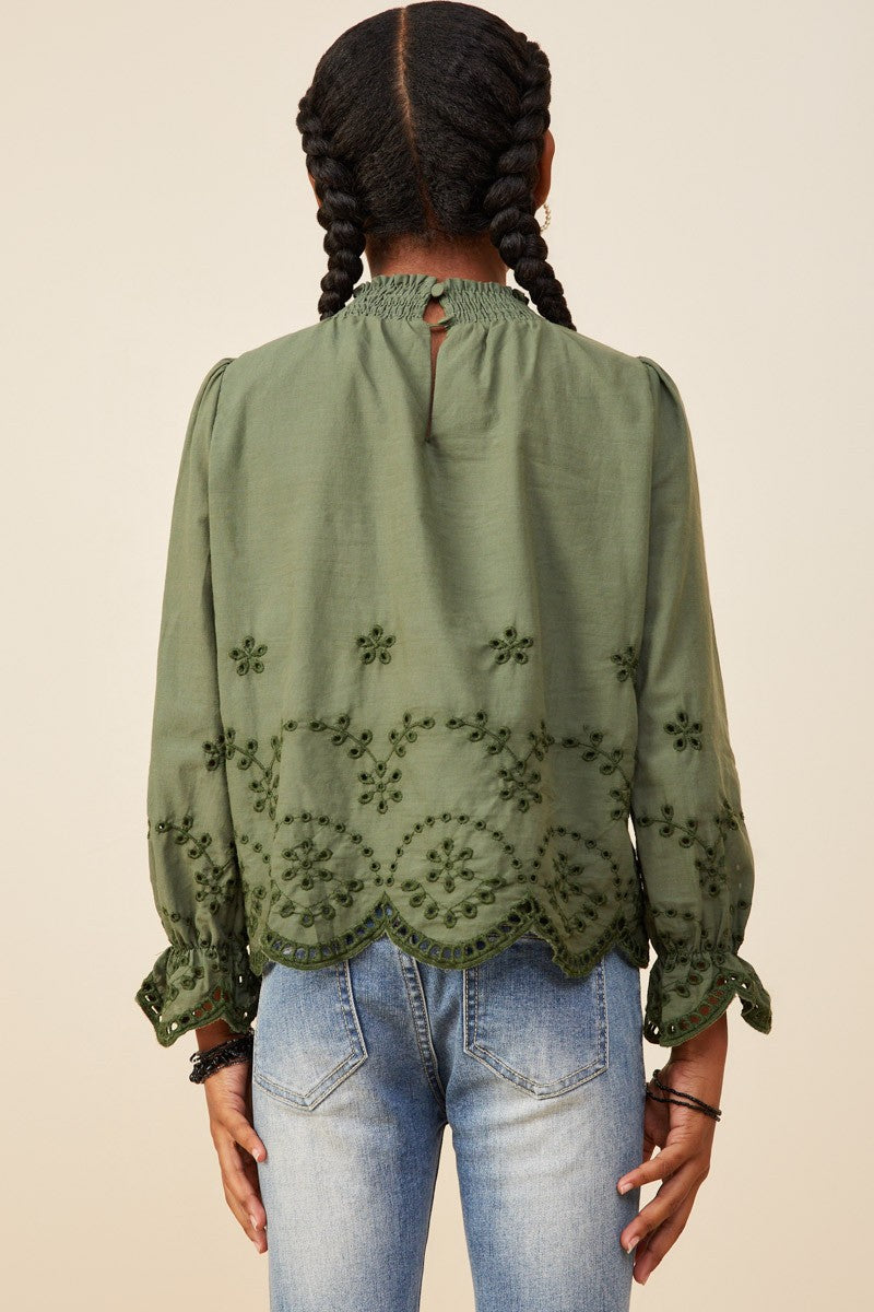 Olive Eyelet Embroidered Hem Top