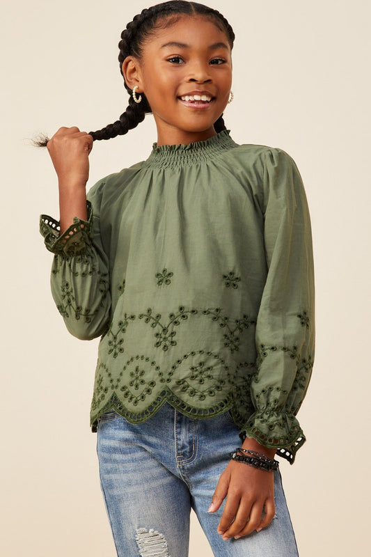 Olive Eyelet Embroidered Hem Top