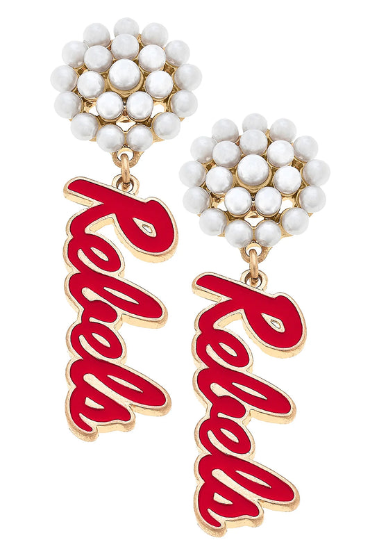 Ole Miss Pearl Cluster Enamel Drop Earrings