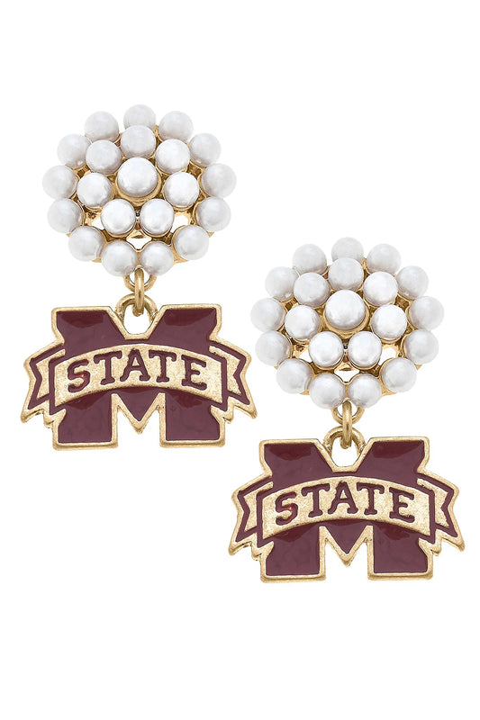 Mississippi State Pearl Cluster Enamel Drop Earrings