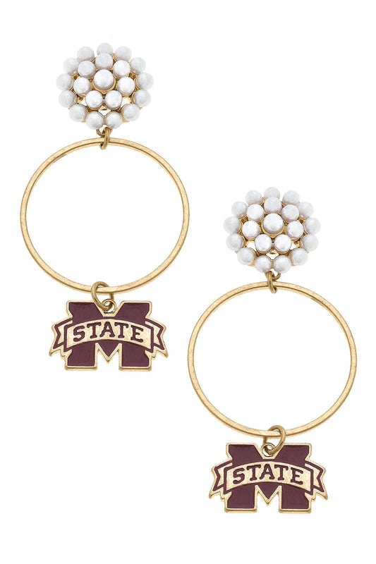 Mississippi State Pearl Cluster Logo Enamel Drop Hoop Earrings