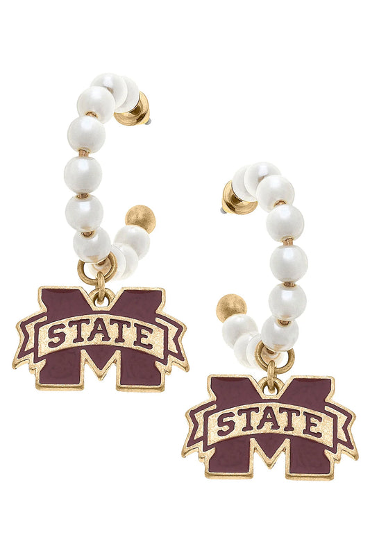 Mississippi State Enamel Pearl Hoop Earrings
