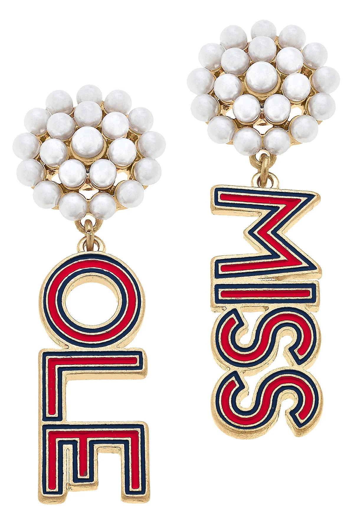 Ole Miss Outline Enamel Drop Pearl Cluster Earrings