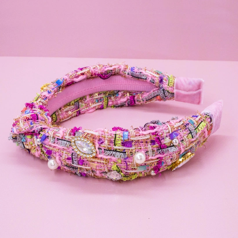 Girl’s Pink Multicolor Tweed Embellished Headband