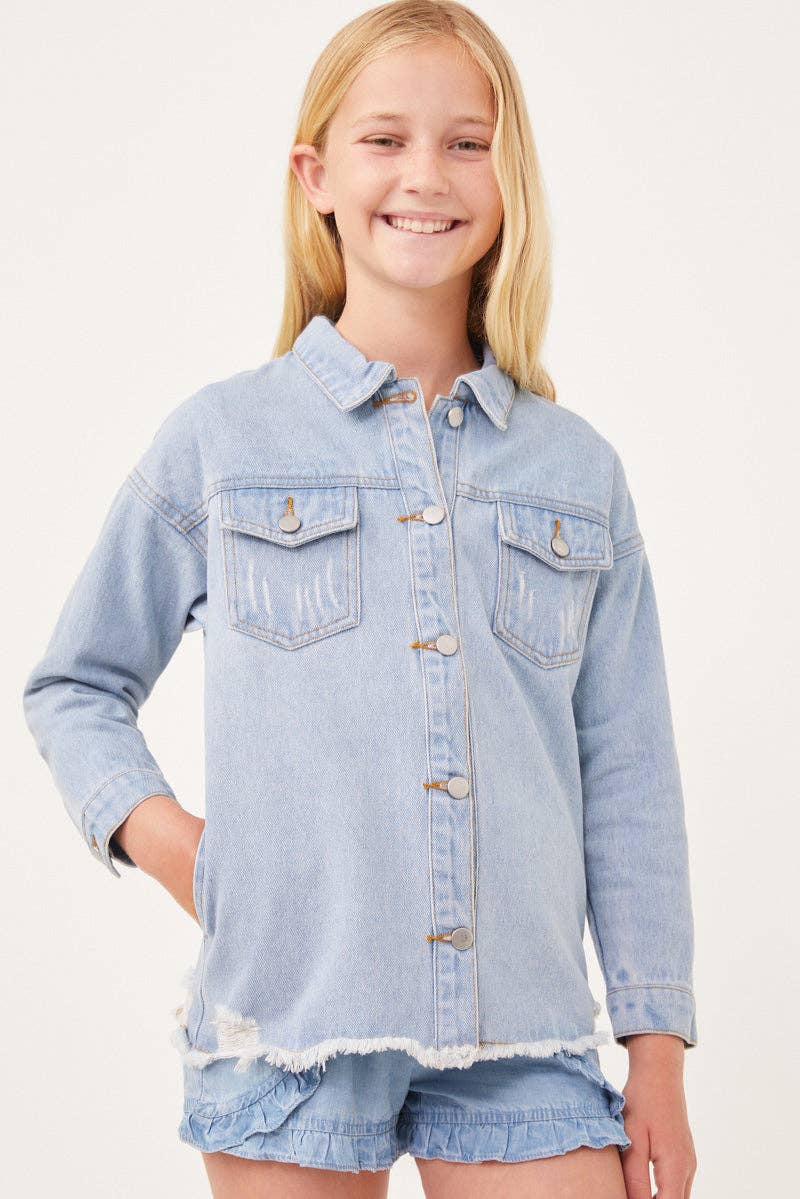 Girls Distressed Oversized Denim Shirt
