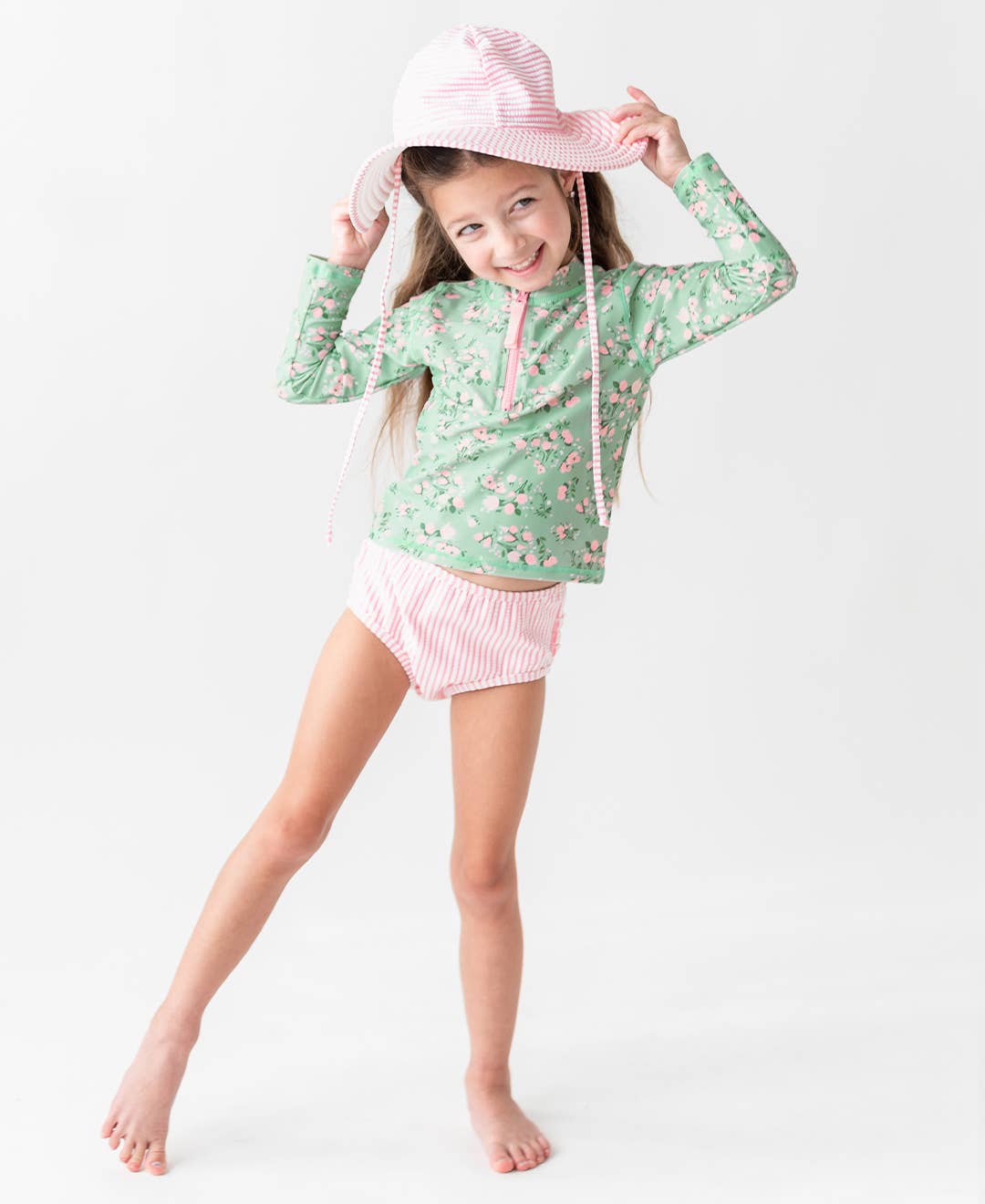 Girls Pink Seersucker Sun Protective Hat