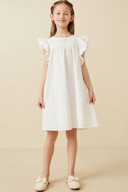 Girls Off-White Lace Trim Ruffle Sleeve Dress