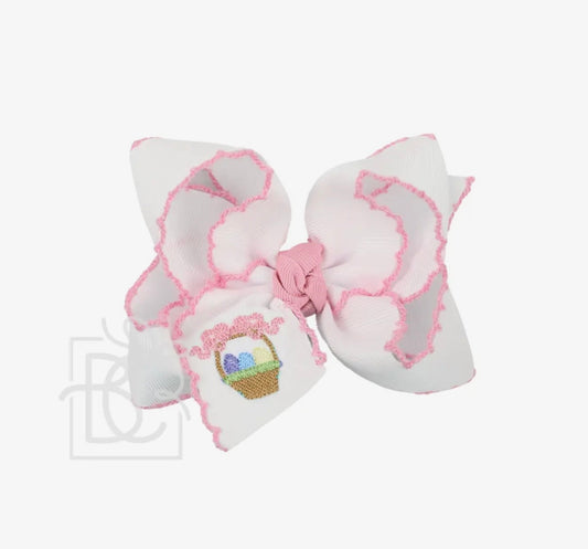4.5" Embroidered Easter Basket Crochet Edge Hair Bow: White w/ Light Pink Edge