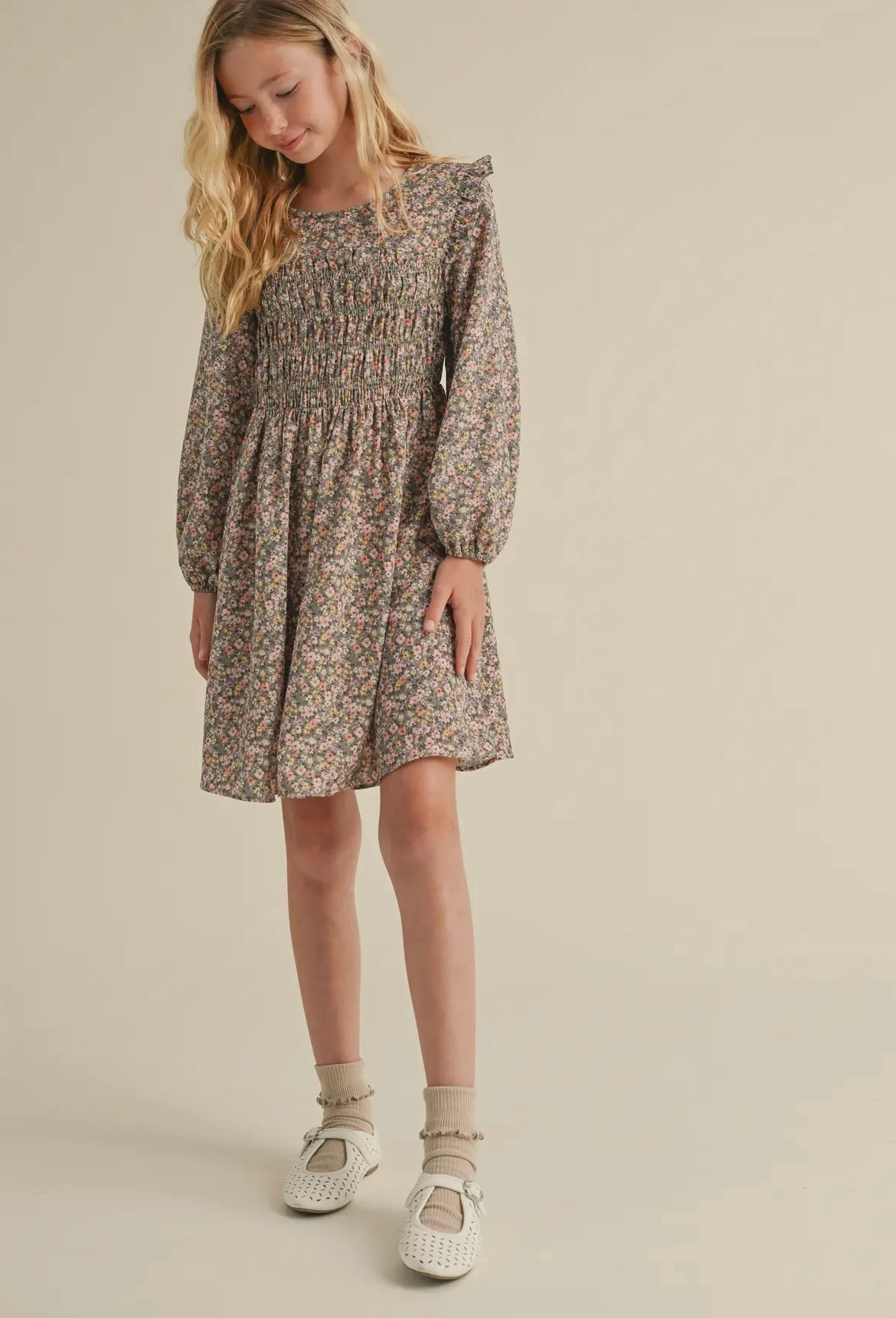 Olive Floral Smocked Top Dress