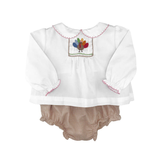 Girl's Hand Smocked Turkey Diaper Set