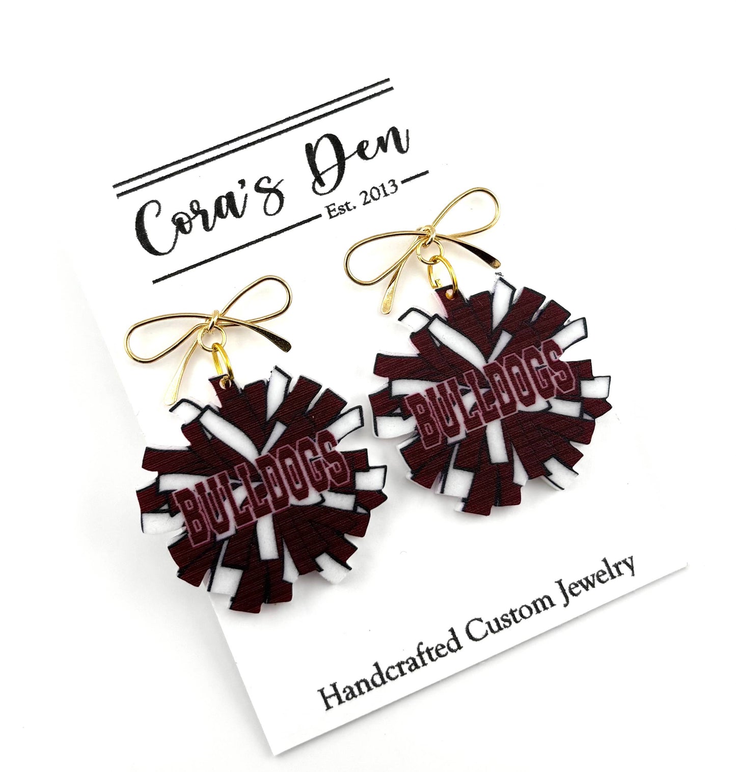 Maroon/White "Bulldogs" Cheer Pom Earrings