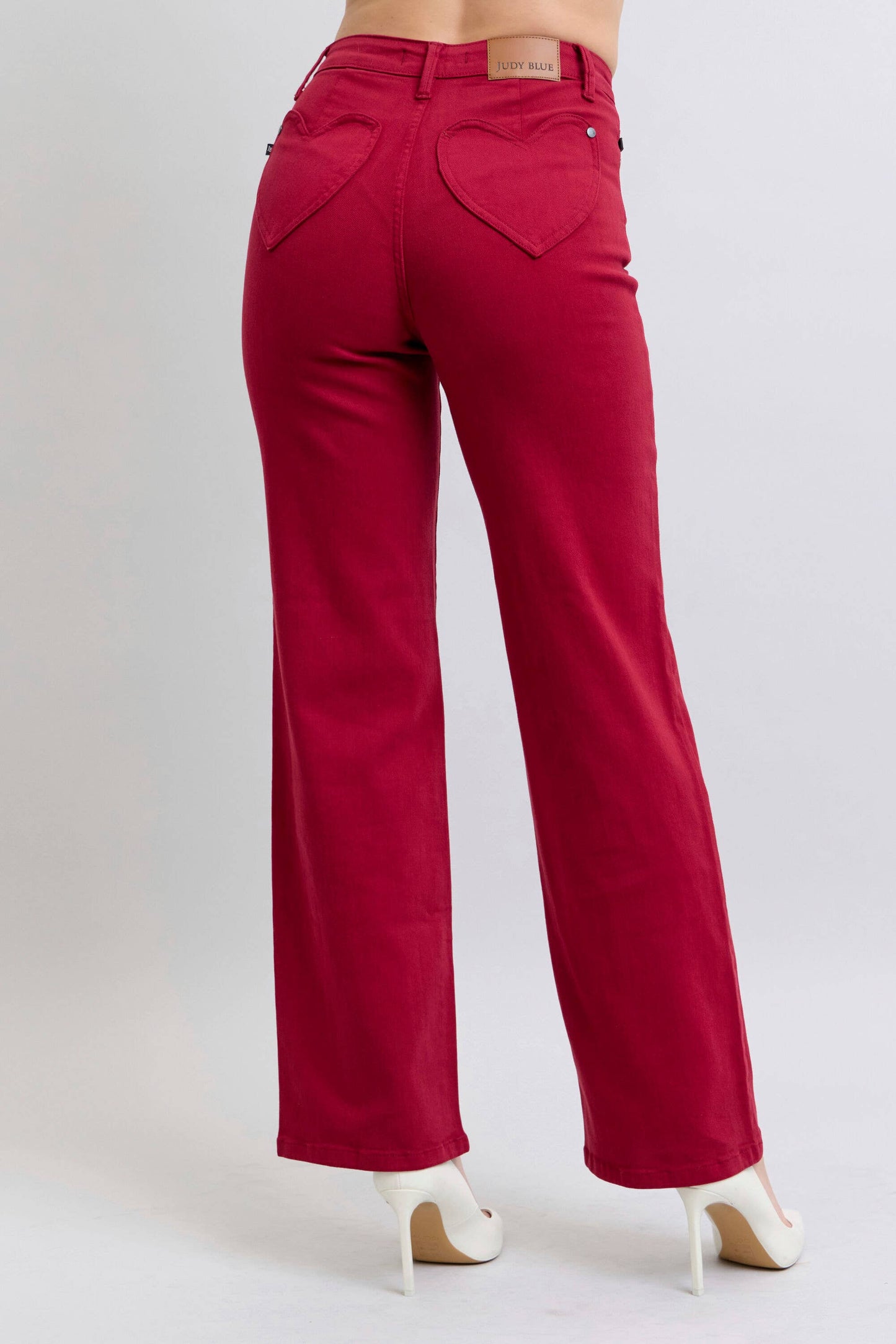 Red Heart Shaped Pockets Straight Leg Jeans