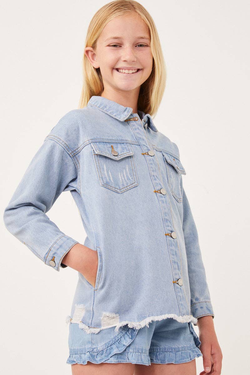 Girls Distressed Oversized Denim Shirt