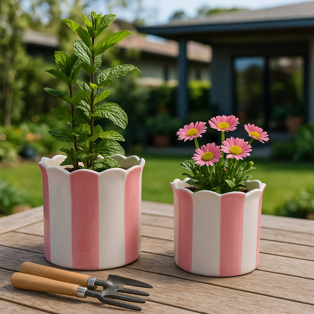 Pink Striped Scalloped Ceramic Planter