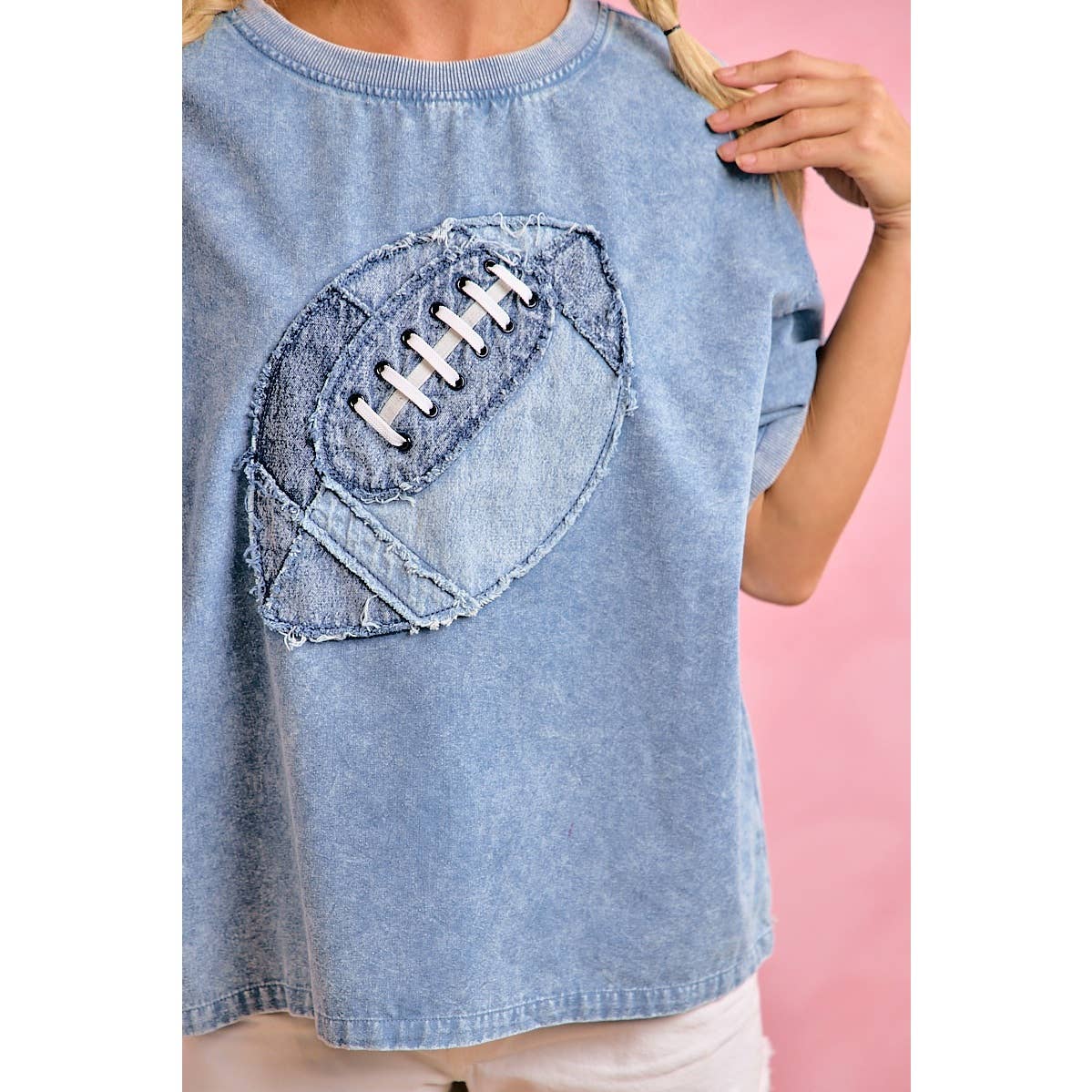 Gameday Denim Washed Football Applique Tee