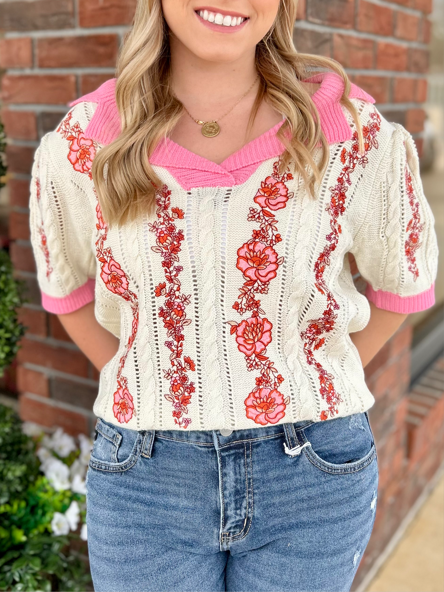Picture Perfect Floral Embroidery Collared Knit Top