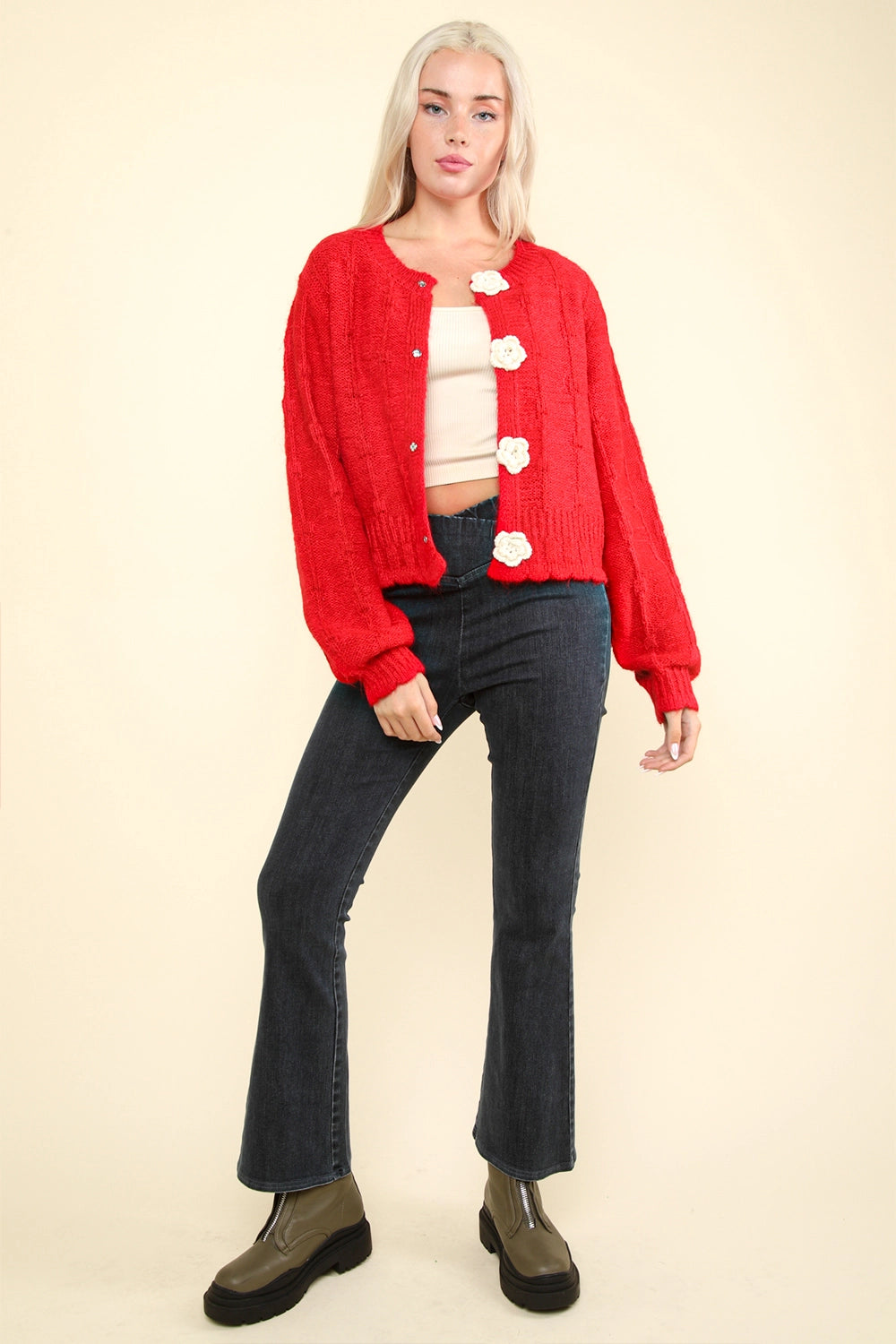 Holiday Cheer Red Floral Button Cardigan