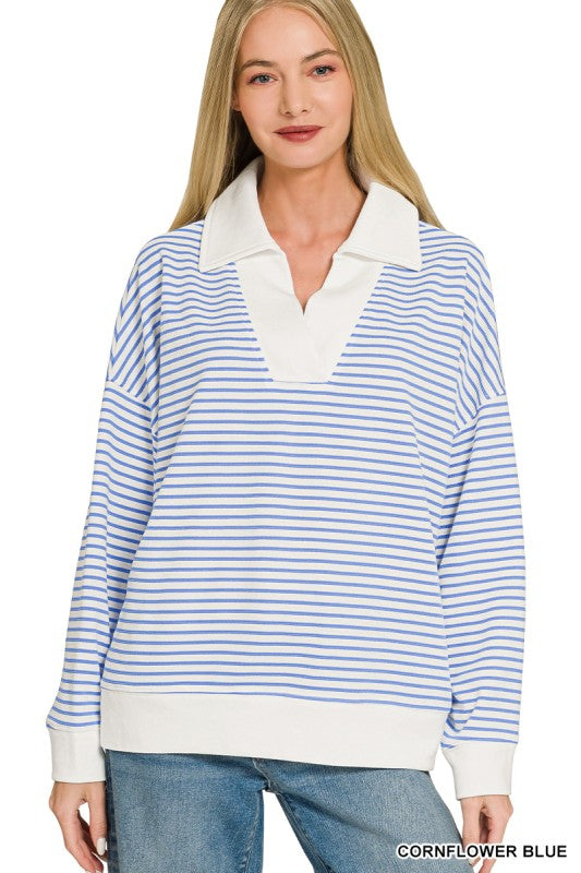 Cornflower Blue Striped Split Neck Collared Top