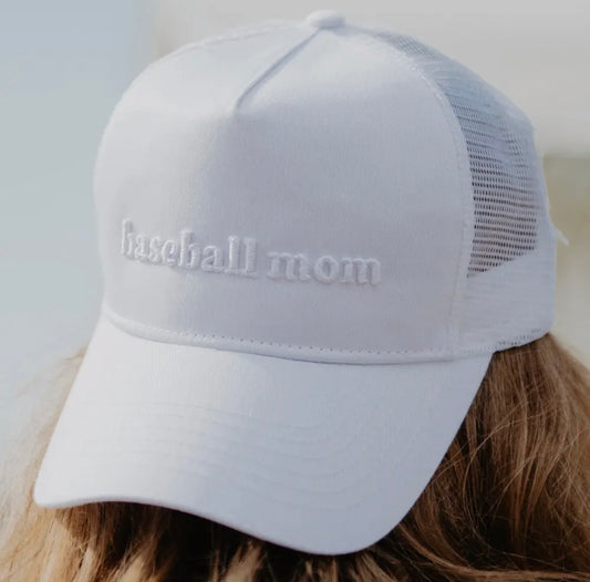 White Embroidered Baseball Mom Trucker Hat