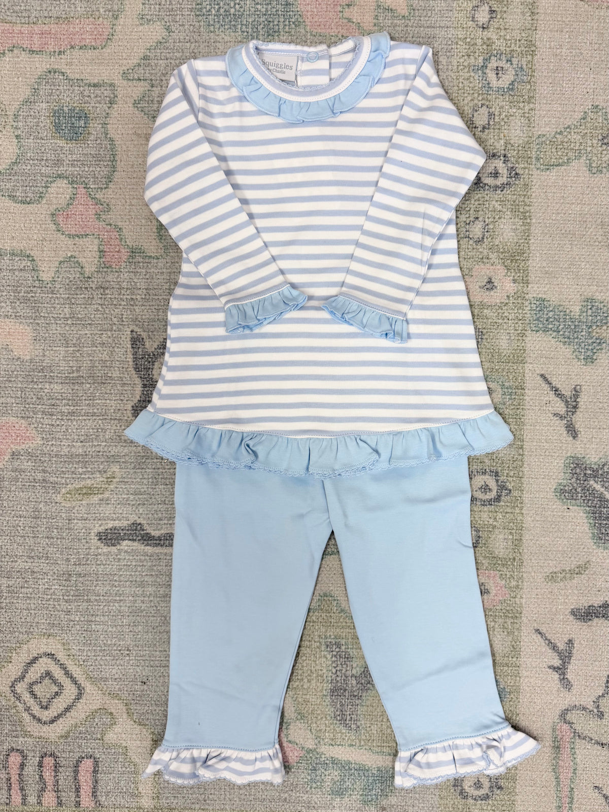 Girls Blue/White Stripe Ruffle Long Sleeve Pant Set