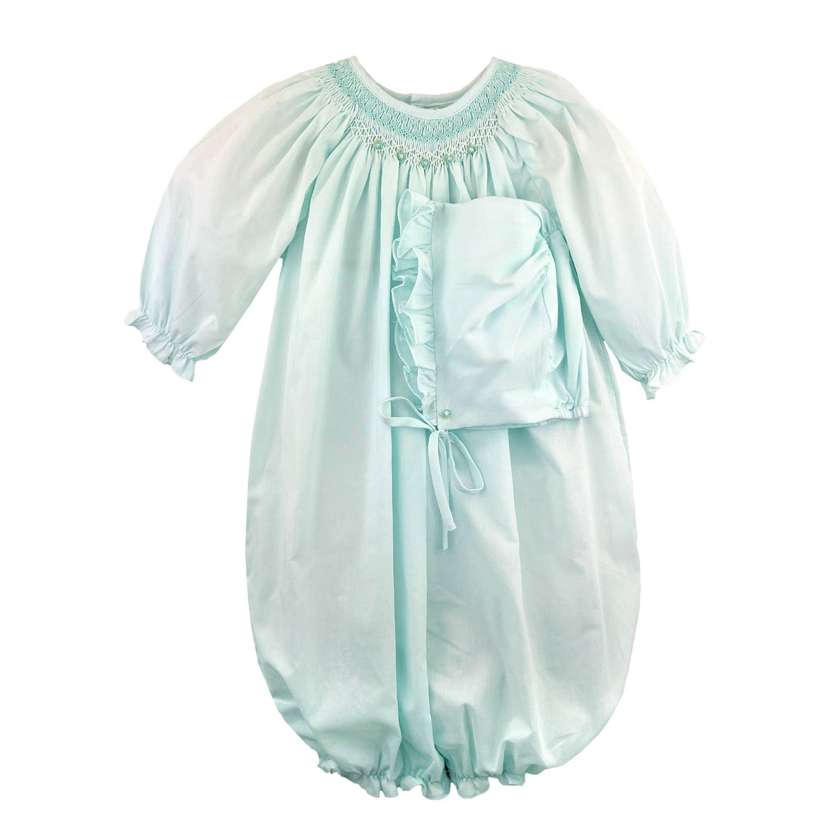 Mint Bishop Smocked Heirloom Gown & Bonnet