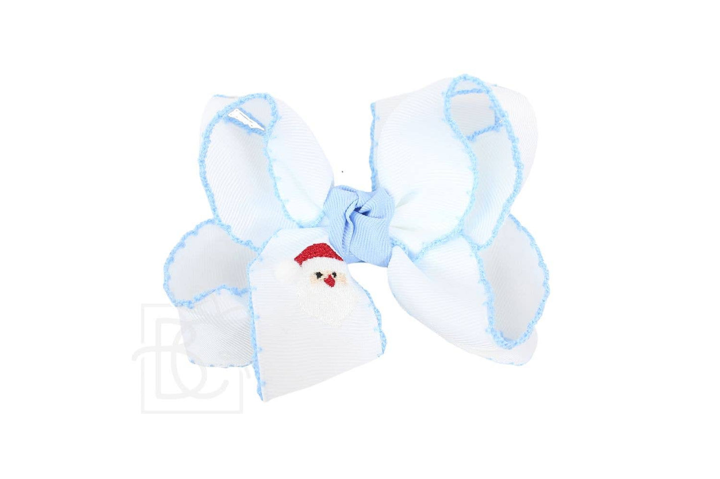 4.5" Embroidered Santa Crochet Edge Hair Bow: White w/ Millennium Blue Edge