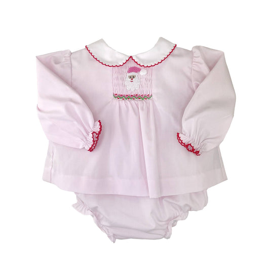 Pink Hand Smocked Santa Diaper Set
