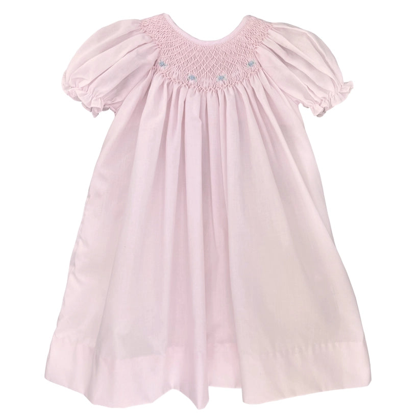 Pink Smocked Day Gown With Blue Embroidered Flowers