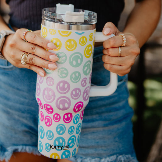 Pastel Happy Face Tumbler With Handle