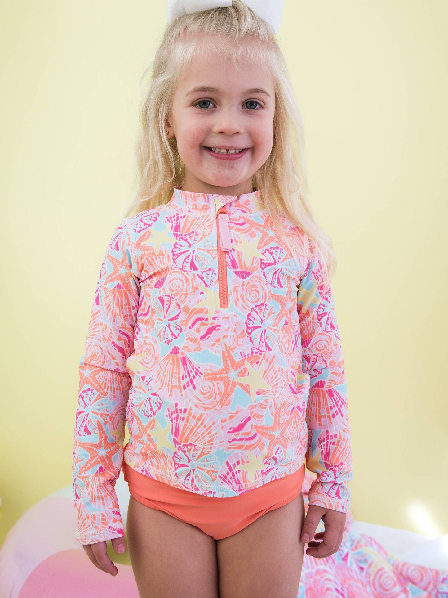 Girls Sunset Seashells Long Sleeve Zipper Rash Guard 2-Piece Swimsuit