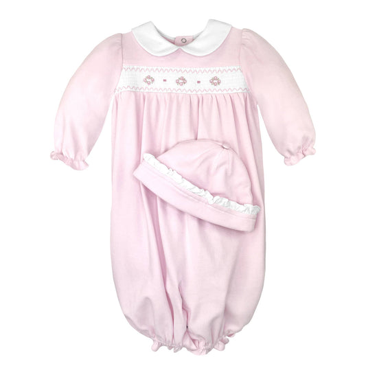 Pink Smocked Flower Knit Convertible Gown & Hat