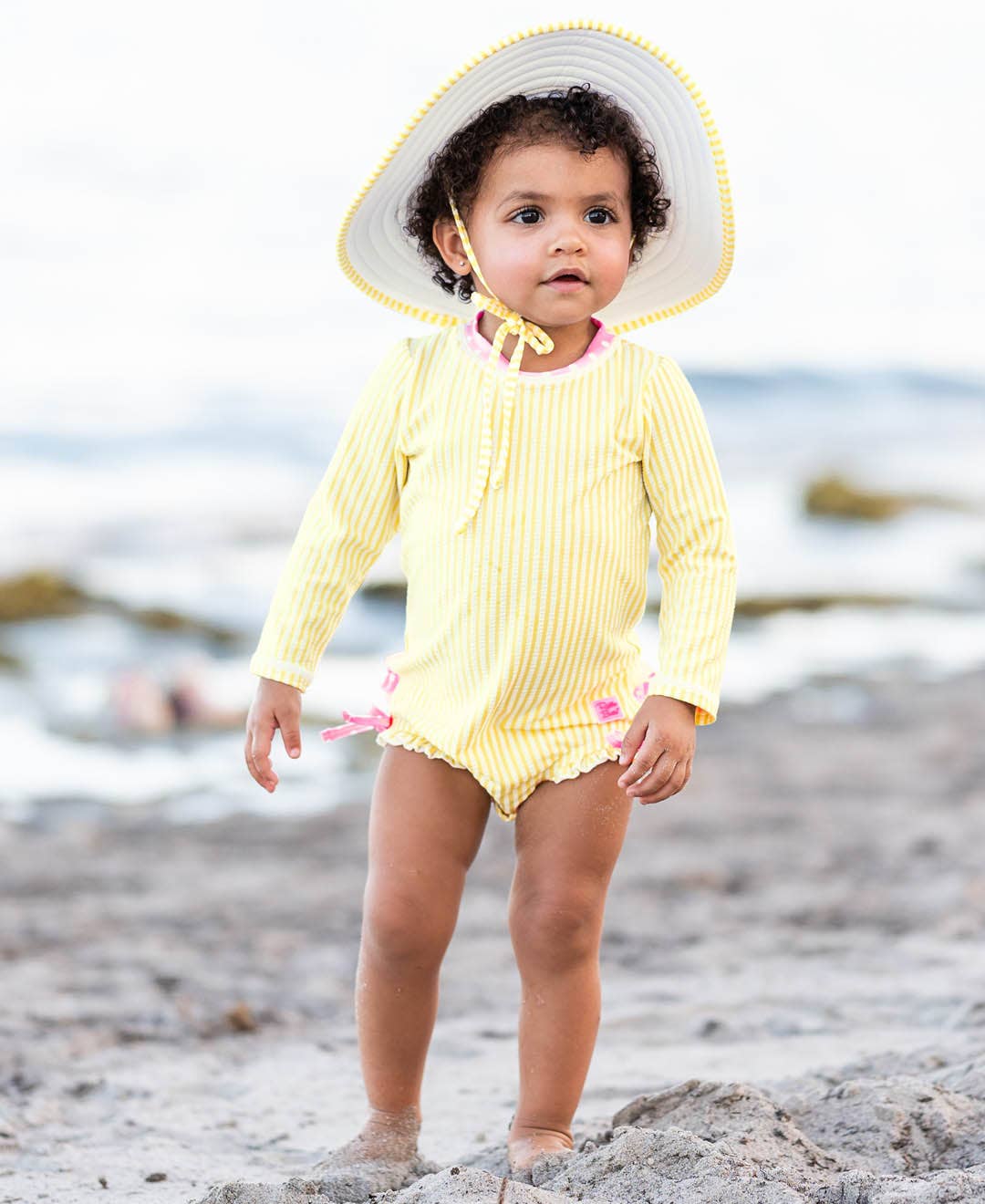 Baby Girls Banana Seersucker Long Sleeve One Piece Rash Guard Swimsuit